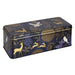 Decorative tin box with animal and nature pattern on a white background