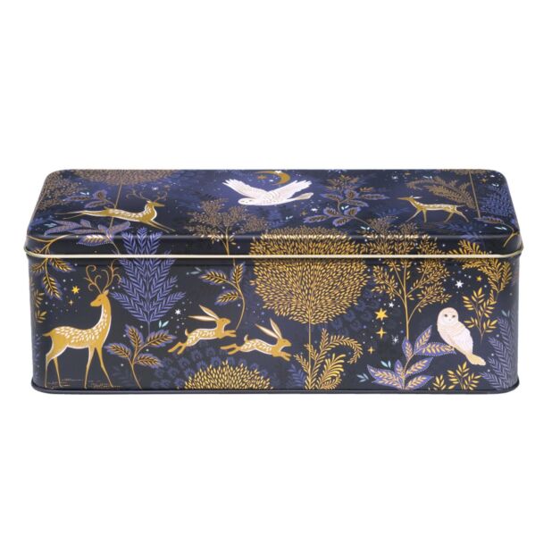 Decorative tin box with nature-themed design on a white background