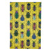 mustard coloured tea towel with various multicoloured beetle design repeated throughout