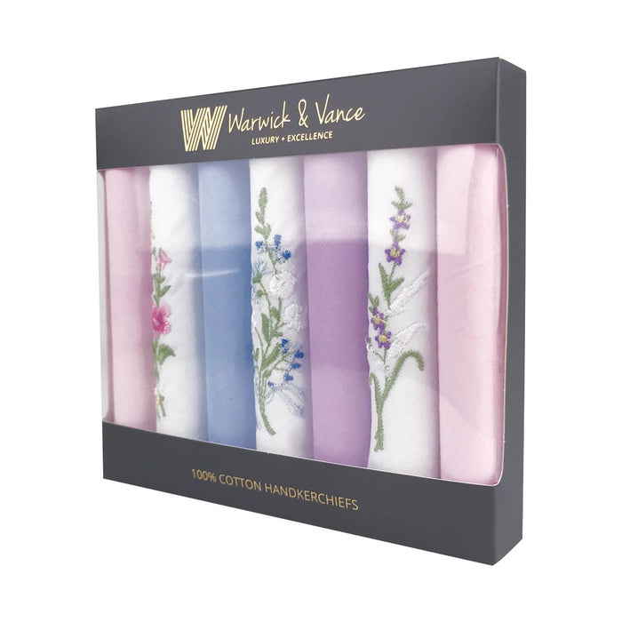 Warwick & Vance Women's 100% Cotton Dyed & Floral Embroidered Handkerchiefs 7 Pack