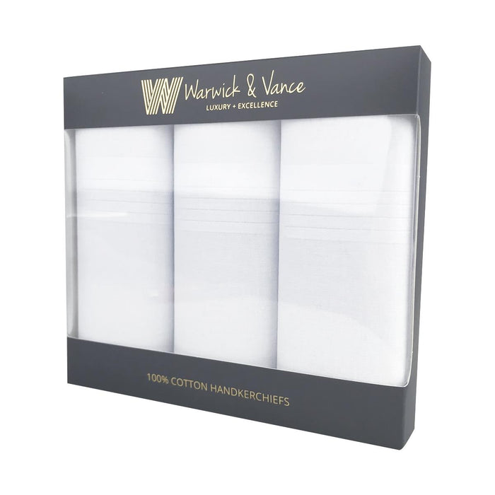 Warwick & Vance Men's 100% White Cotton Satin Border Handkerchiefs 3 Pack