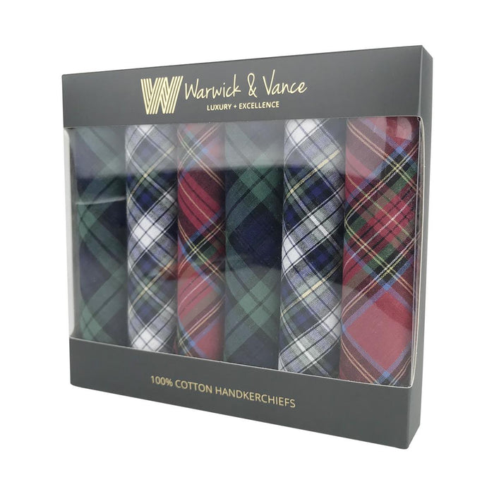 Warwick & Vance Men's 100% Cotton Tartan Check Handkerchiefs 6 Pack