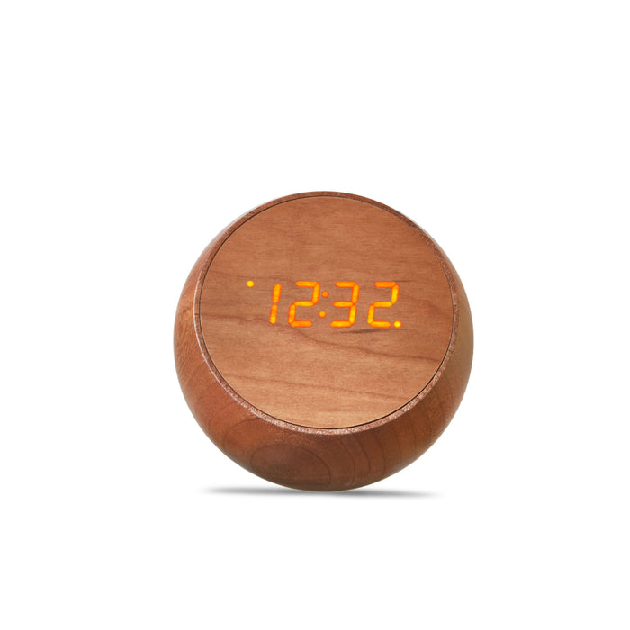 Gingko LED Alarm Clock In CHerry Wood Showing Time Against A White Background