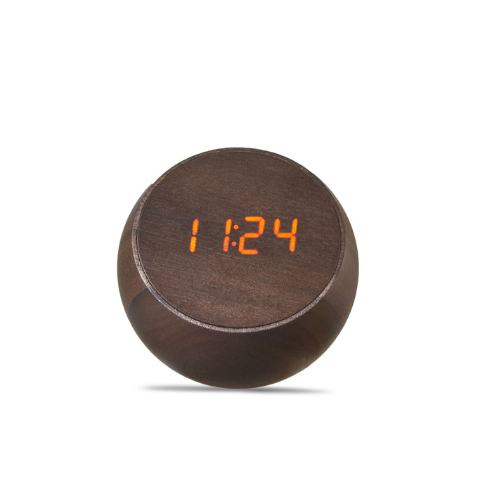 Gingko Tumble LED Alarm Clock In Walnut With Digital Time Display On Against A White Background