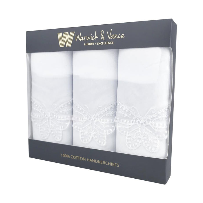 Warwick & Vance Women's x3 100% Cotton White Lace Butterfly Handkerchiefs