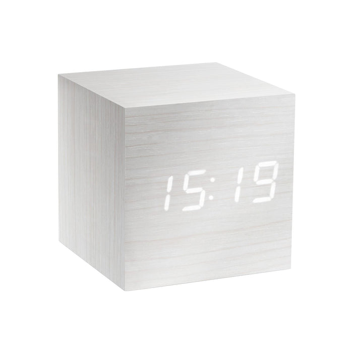 Gingko Cube LED Click Clock in a white wooden effect displaying the time in white
