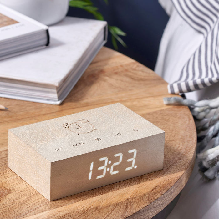 Gingko Flip clock in white maple effect displaying the time in white