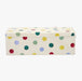 A Cream Rectangle Tin With Yellow, Green, Red and Blue Polka Dots All Over.