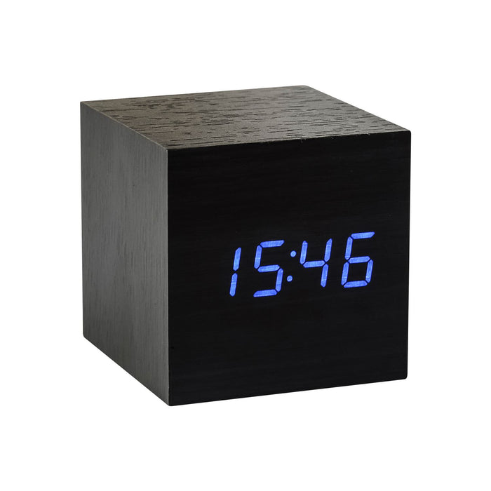 Gingko Cube LED click clock in a black wooden effect displaying the time in blue