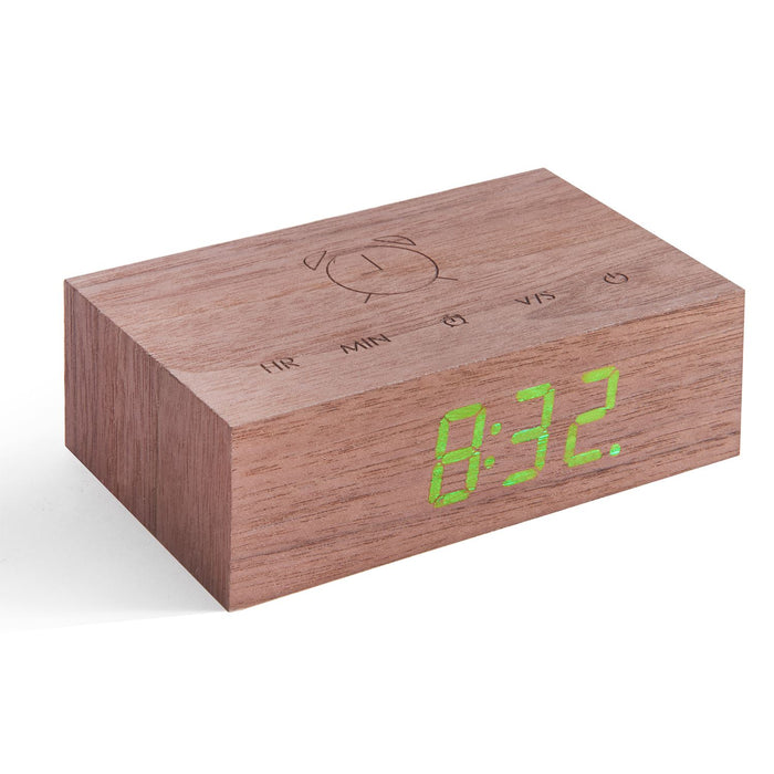 Gingko Flip clock in walnut effect displaying the time in green