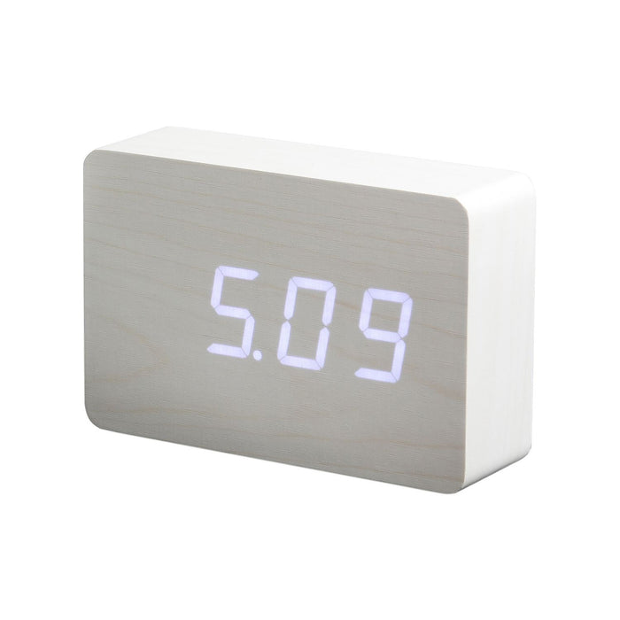 Gingko brick LED click clock in a white coloured wooden effect displaying the time in bright white