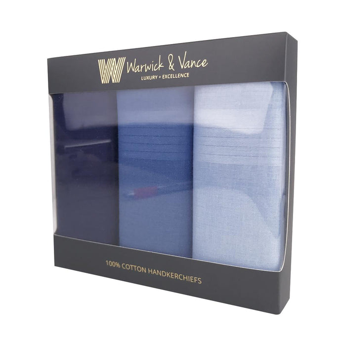 Warwick & Vance Men's 100% Cotton Dyed Blue Plain & Satin Edge Handkerchiefs 3 Pack