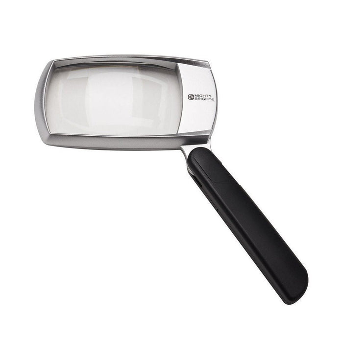 2" by 4" folding lighted magnifier in silver with black ergonomic handle