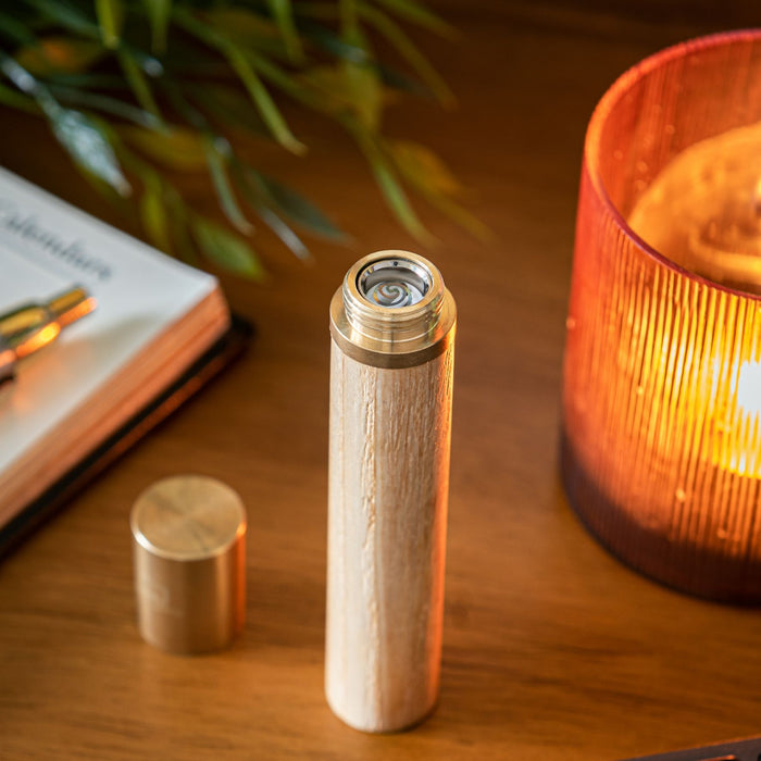gingko natural wood flameless lighter in white ash with the lid removed