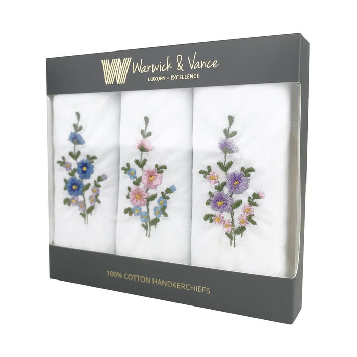 Warwick & Vance 3 Pack Women's Assorted 100% Cotton White Floral Handkerchiefs