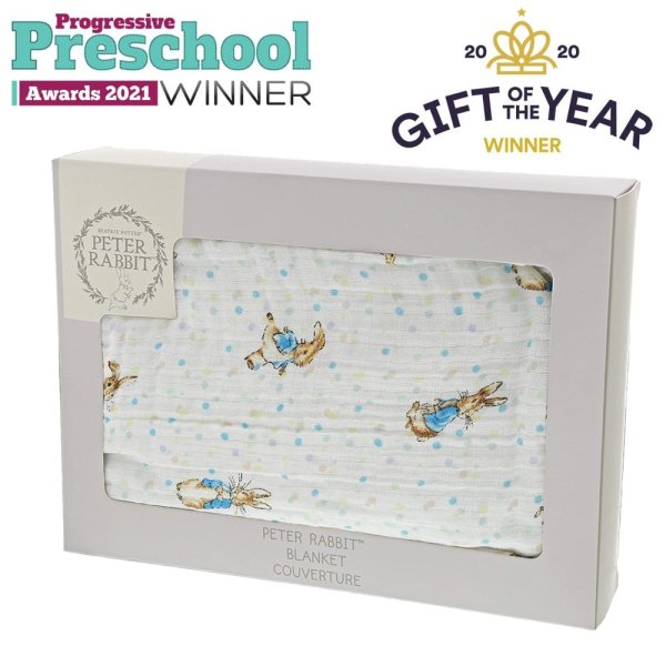 Gift Boxed Baby Blanket With Peter Rabbit Character And Blue Polka Dots Set Against A White Background