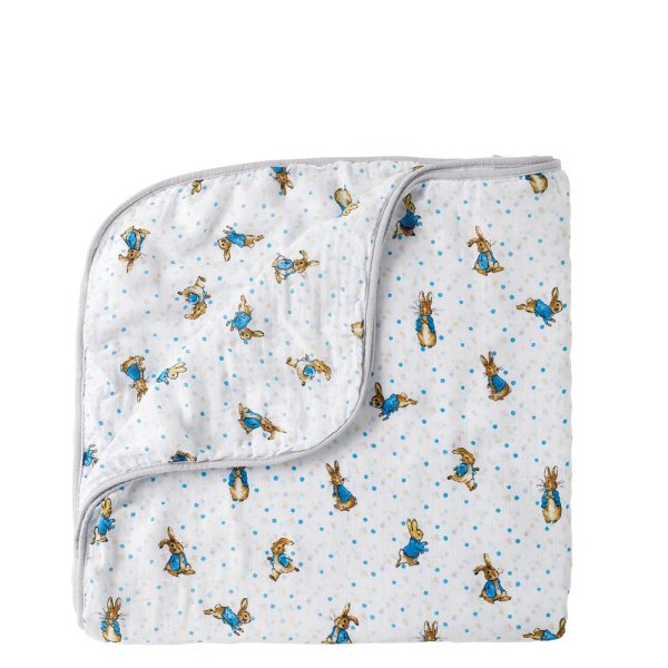Beatrix Potter White Blanket With Blue Polka Dots And Peter Rabbit All-Over Repeated Design