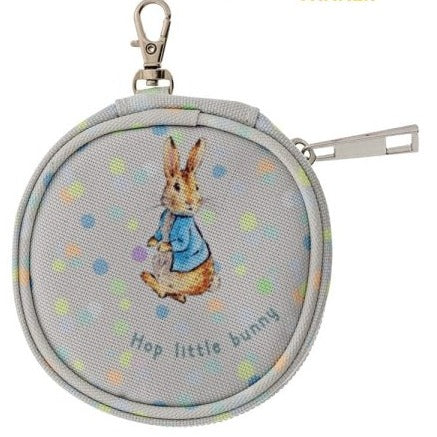 Beatrix Potter Peter Rabbit Dummy Holder in the colour grey with pastel polka dots and peter rabbit as the print with HOP LITTLE BUNNY written at the bottom of the peter rabbit. 