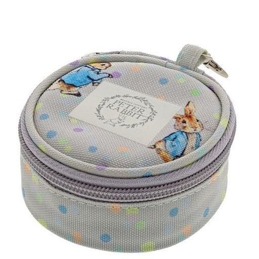 Beatrix Potter Peter Rabbit Dummy Holder in the colour grey with pastel polka dots and peter rabbit as the print with a cream peter rabbit logo in the centre.