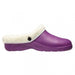 Lilac coloured gardening clogs with a cream fur trim with a black button.
