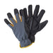 A pair of grey and black gardening gloves with a yellow trim. 