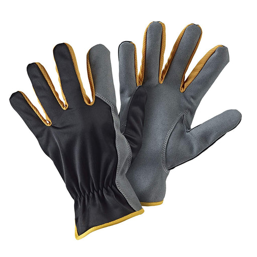 A pair of gardening gloves that are black on the back of the hand, grey on the palms and yellow around the edges and in between the fingers. 