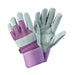 A pair of grey leather gardening gloves with a purple cuff and purple detailing on the back of the hand.