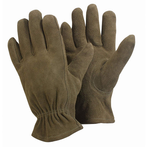 A pair of olive green leather gardening gloves.