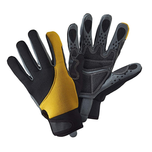A pair of black and yellow advanced grip gloves with a durable finger/palm pad and velcro wrist bands.