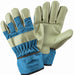 Childrens blue and grey rigger style gardening gloves with faux leather underside 
