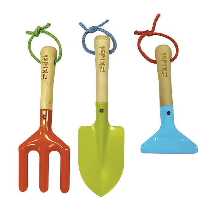 Smart garden outdoor tool set featuring a green hand trowel, blue rake and orange fork all with a wooden handle.