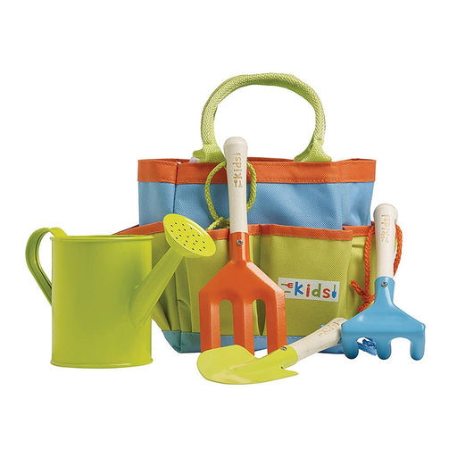 Kids brightly coloured outdoor tool set with a green watering can, orange folk, blue rake and green mini spade all with a light wooden handle with a blue, green and orange kids tool bag to store the gardening tools in.