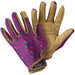 A pair of purple and beige gardening gloves with blue, pink and lilac little butterflies on the back of the hand. 