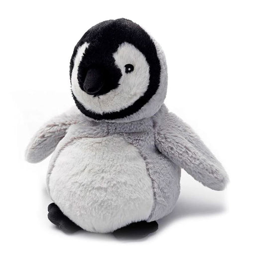 A black, grey and white baby penguin Warmies with grey arms and black feet.