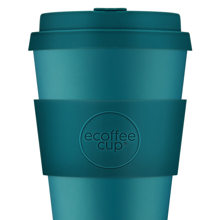 Turquoise reusable cup with dark green lid and band.