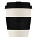 White reusable cup, with black band and black lid.