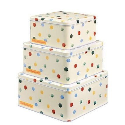 Trio of square off white stacked cake tins with a pastel coloured polka dot design repeated all over the tins, with an orange Emma Bridgwater label printed on each tin in the corner