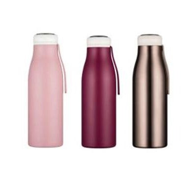 A selection of three Stainless steel water bottles. One is a Light Pink Colour. The Second is a Mauve Colour and the third bottle is a bronze colour. They all have matching off white lids.