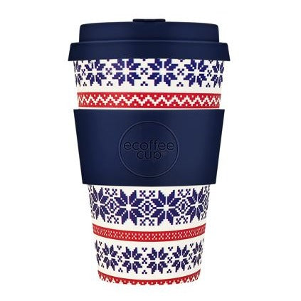 Reusable Coffee cup that is blue, Red and White in a Fairisle style Christmas Jumper Print with a Blue silicone lid and blue silicone sleeve with Ecoffee embossed in the silicone.
