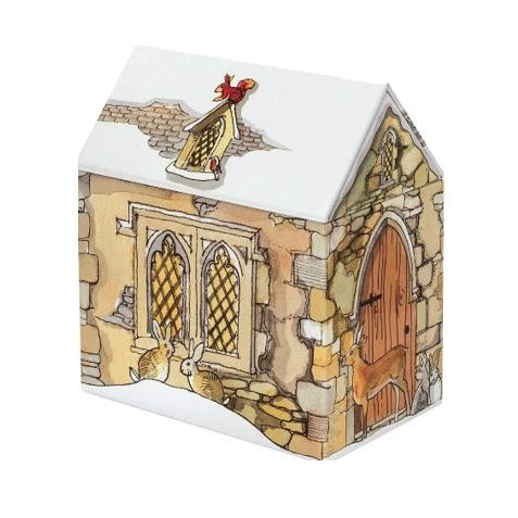 This tin recreates a beautiful winter scene set around a fun traditional church house with a deer and two hare playing in snow piles