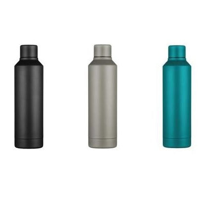Three Stainless Steel 500ml water bottles. first one is black, second one is grey and the third one is turquoise in colour. All have matching lids. 
