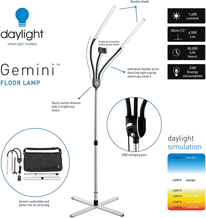 The Daylight Company Gemini Floor Lamp Professional Flexible LED Double Light Strobe & Phone Holder