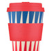 blue, white and red printed reusable cup with red lid and band.