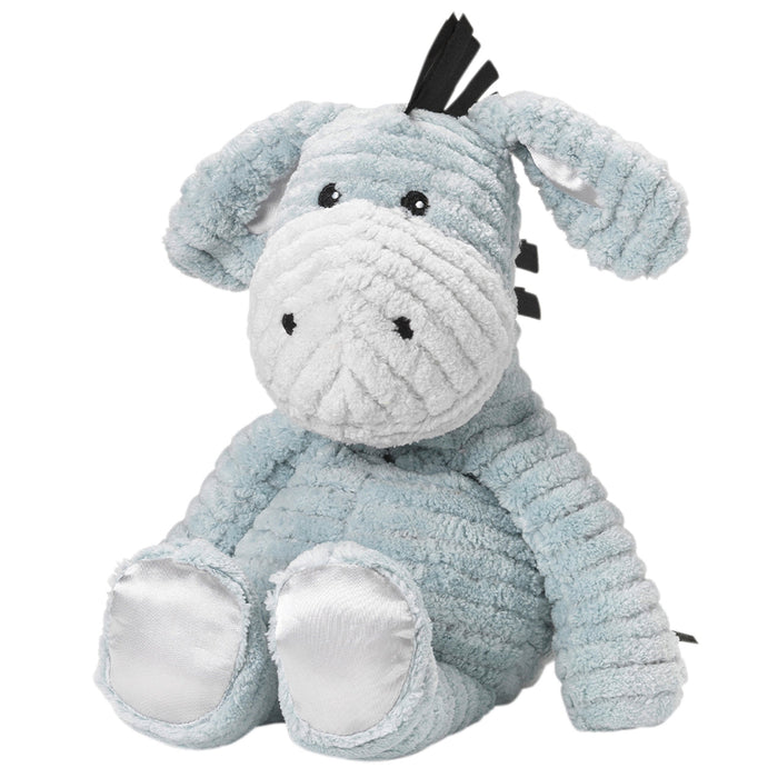 A grey toned fluffy Donkey soft toy with light grey satin feet and satin ears. 