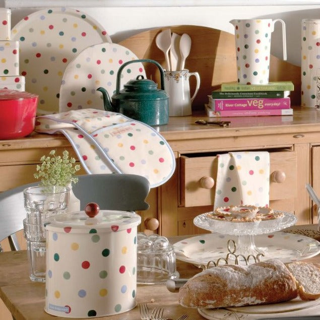 Classic Polka Dot Design Emma Bridgewater Biscuit Barrel in a Kitchen With The Matching Polka Dot Items From The collection.  