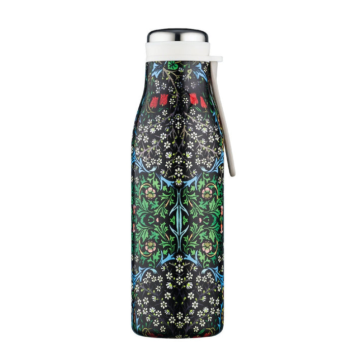 Ecoffee William Morris Blackthorn design vacuum flask drinks bottle in black with a silver lid and white strap.