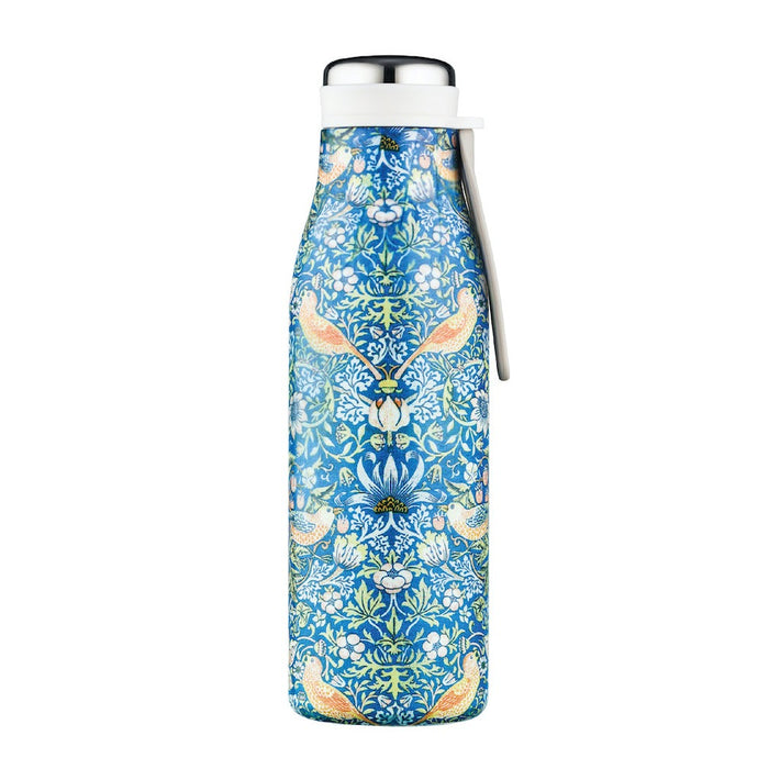 Ecoffee William Morris water bottle thief design thermos flask in blue with various bird images and silver lid with white strap.