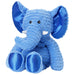 Royal blue fluffy Elephant soft toy with white tusks. Royal blue satin ears and satin feet. 
