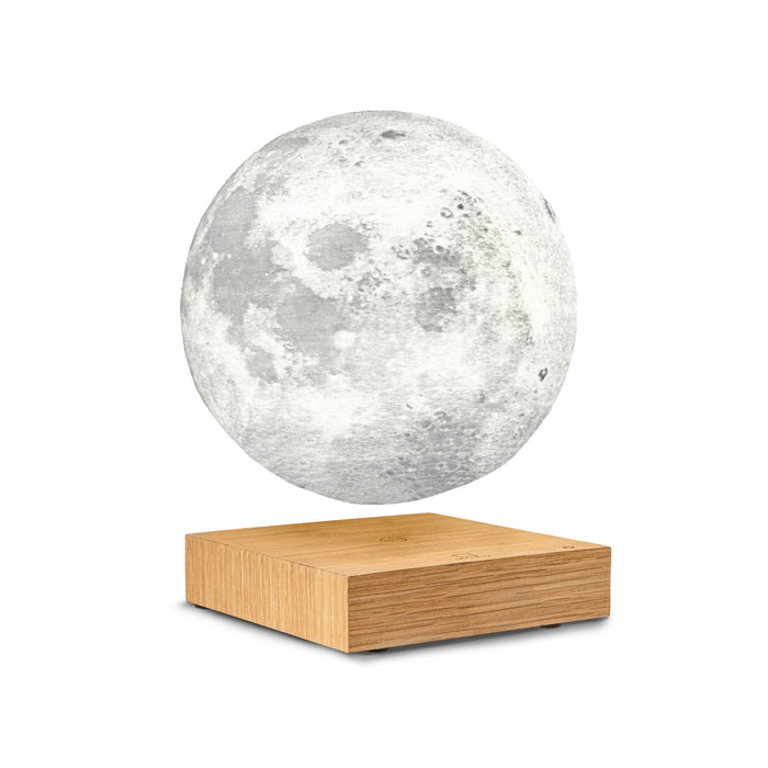gingko smart 3d printed floating LED moon lamp on a white ash base