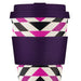 white, pink, and black triangle abstract printed reusable cup with dark purple lid and band